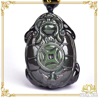 Mặt Dây Chuyền Phong Thủy Long Quy Cõng Kim Tiền Đá Obsidian Đen Cầu Vồng Cao Cấp - Tâm Phong Thủy