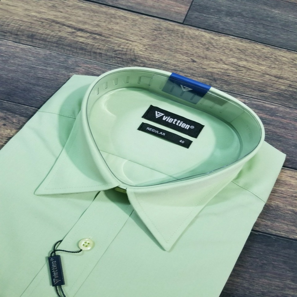 Áo sơ mi nam Việt tiến tay dài màu xanh bơ ,chính hãng , cao cấp – form suông  REGULAR- tà bầu
