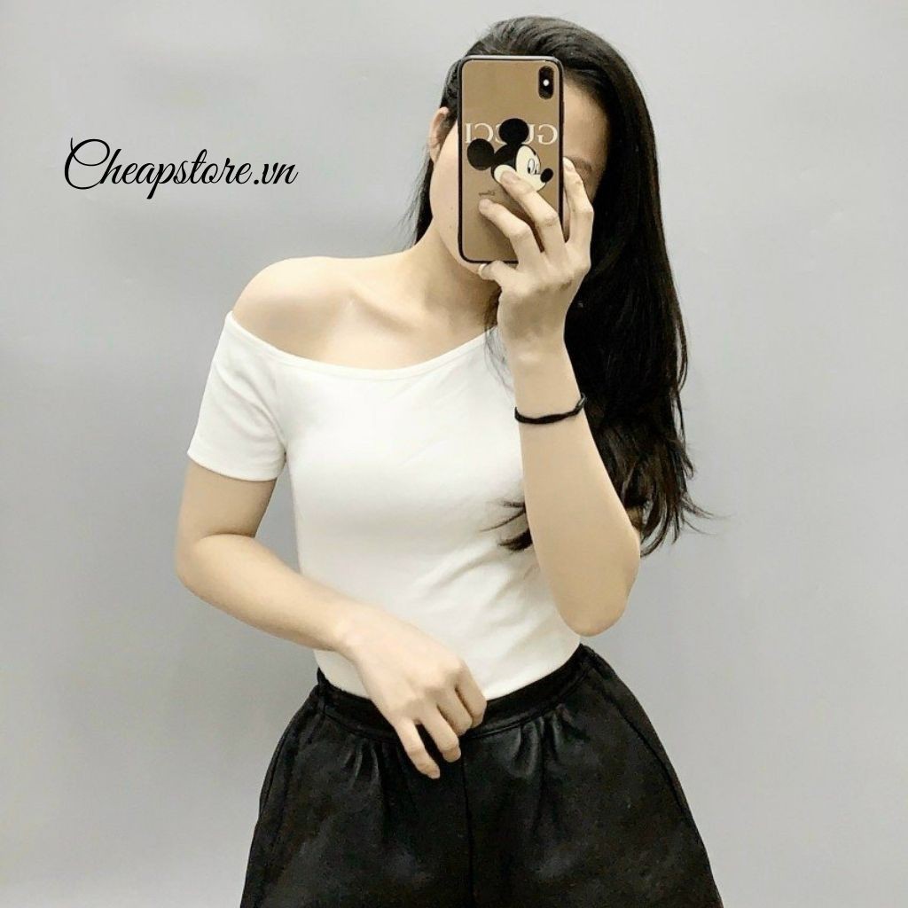 Áo lệch vai ngắn tay chất cotton zip 🔥 Áo thun hở vai form ôm hottrend 2021 nhiều màu A23