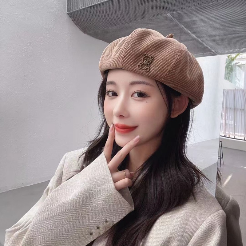Mũ Nồi Nhung Kẻ Hình Gấu Dễ Thương Phong Cách Hàn Quốc Cho Nữ