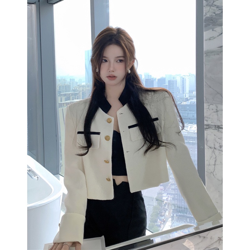Áo khoác dạ tweed nữ, Áo khoác dáng ngắn dài tay cổ viền đen túi hộp ngực sang chảnh - Thời trang nữ phong cách tiêu thư