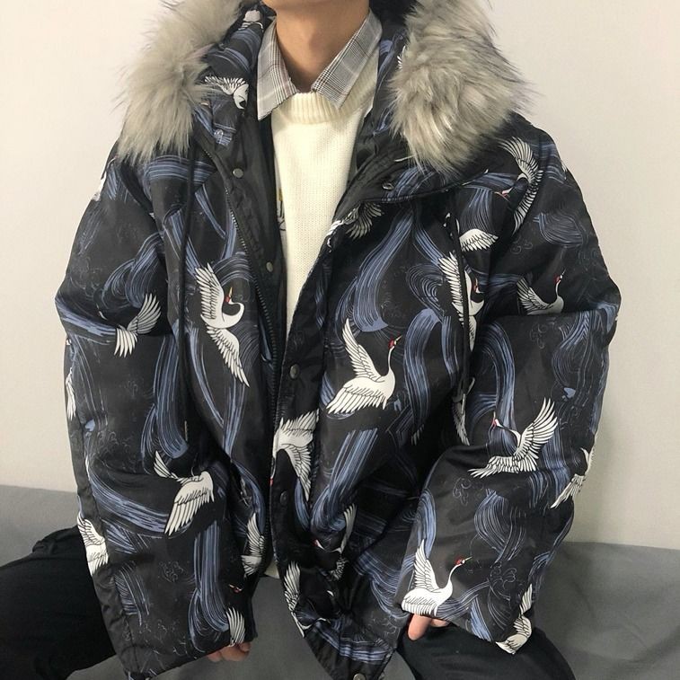 rockmagic winter Korean the same paragraph Japanese crane couple fur collar hooded padded coat for men and women | BigBuy360 - bigbuy360.vn