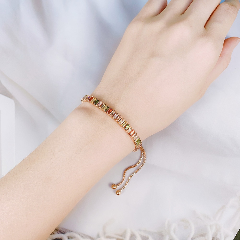 Vòng đeo tay Zhouyang dzh043 có thể điều chỉnh đính đá zircon màu cầu vồng boho thời trang dành cho nữ