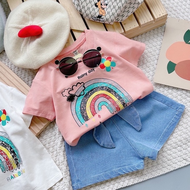 Set Áo Cotton Tàu In Họa Tiết Cầu Vồng Kèm Quần Jean Cho Bé Gái MINTSCLOSET Size 2- 5 tuổi - GA2019