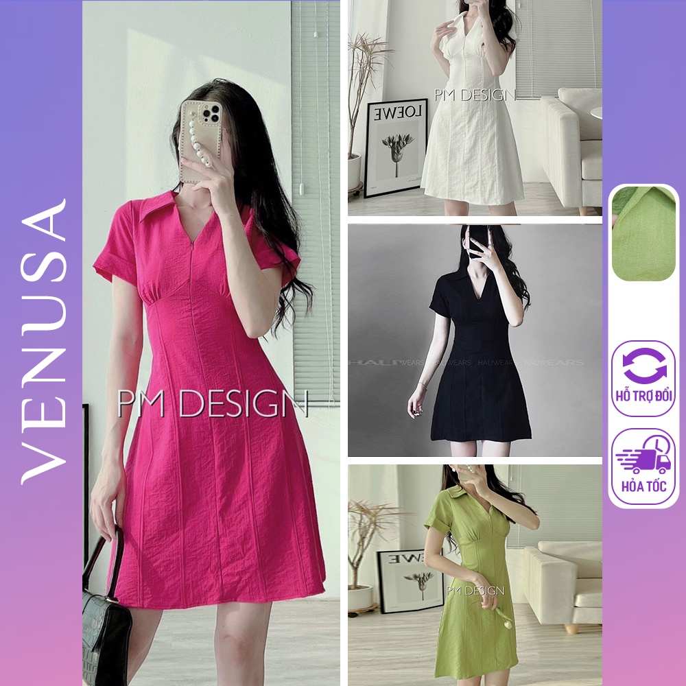 Váy nữ cổ bẻ thanh lịch chất đũi thoáng mát, đầm công sở polo lịch sự VENUSA V49