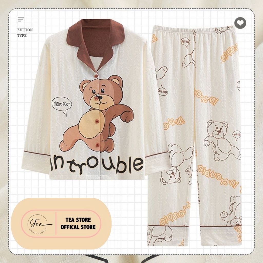 Bộ mặc nhà Pyjama Tea Store cotton có sẵn SLL dài tay họa tiết dễ thương 3