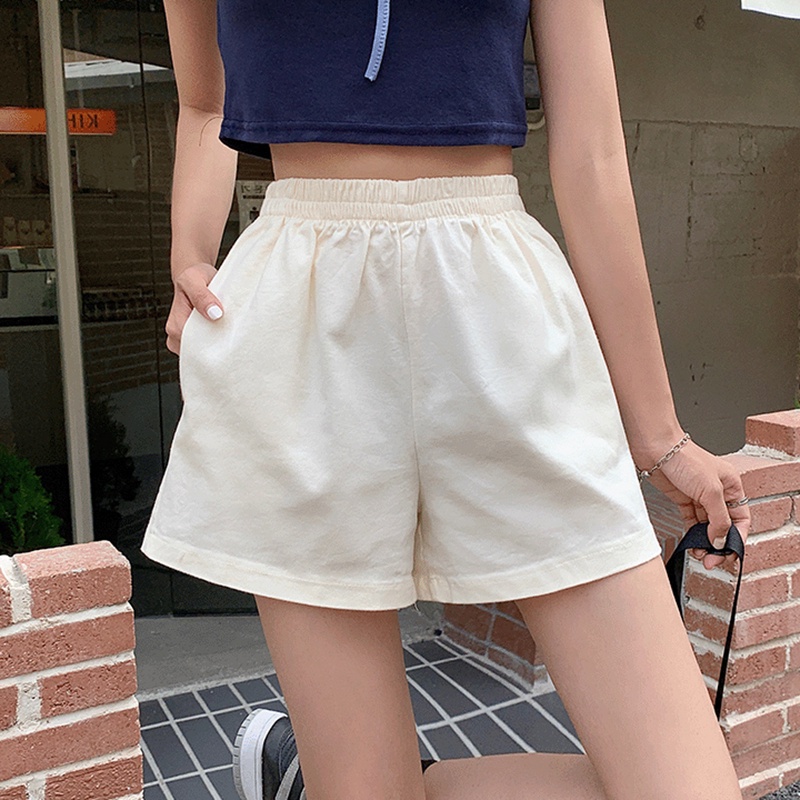 Quần ngắn thể thao IELGY lưng cao ống rộng màu trơn thời trang Hàn Quốc giản dị cho nữ