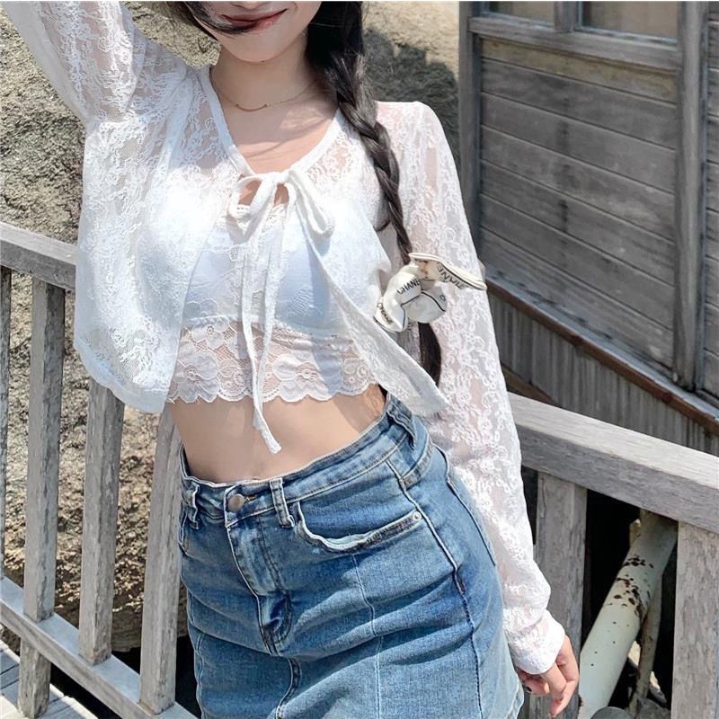 Áo Khoác Cardigan Chống Nắng Tay Dài Vải Lụa Lạnh Phối Ren Màu Trơn Thời Trang Cho Nữ