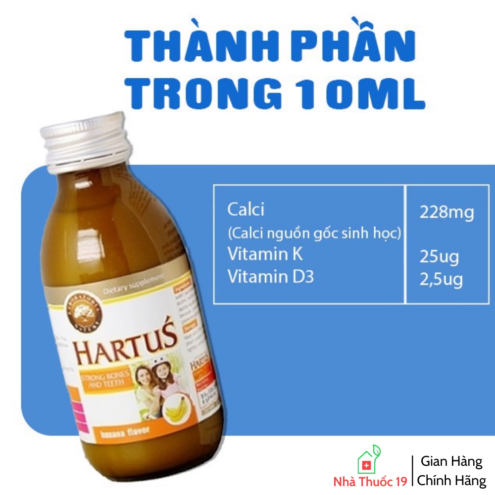 Hartus Strong Bones And Teeth, Siro nhập khẩu bổ sung Canxi sinh học và Vitamin K+D3 giúp bé phát triển chiều cao tối đa