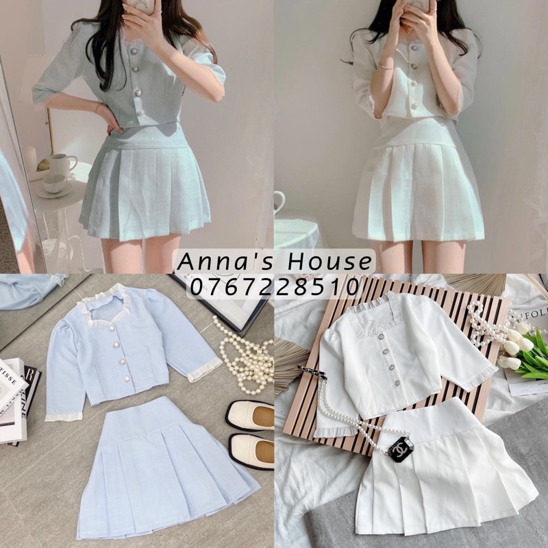 Set trắng áo crop viền bèo tay lở đính tag hạt + chân váy xếp ly