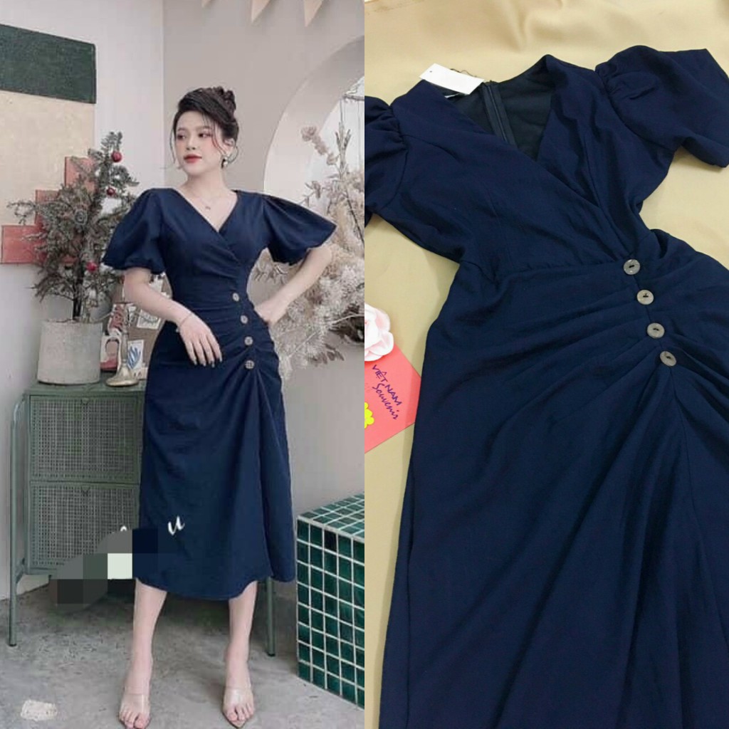 Đầm Dự Tiệc Đầm Thiết Kế Nhún Eo Cổ V Nút Gỗ Tôn Dáng Xinh Lung Linh195 | BigBuy360 - bigbuy360.vn