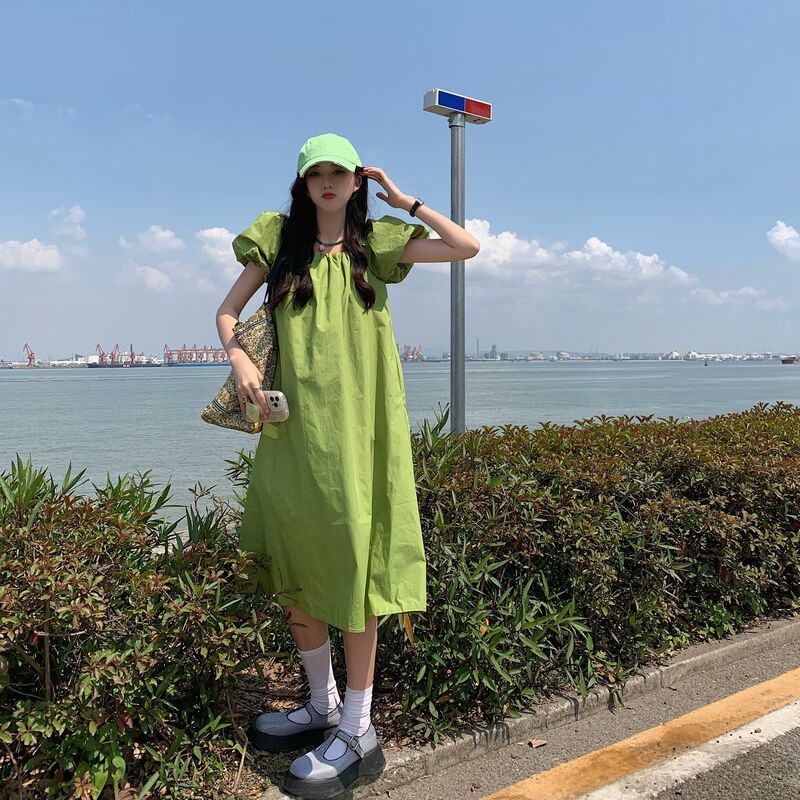 Đầm Dáng Chữ A Tay Phồng Màu Trơn Phong Cách Hàn Quốc Cổ Điển Thời Trang