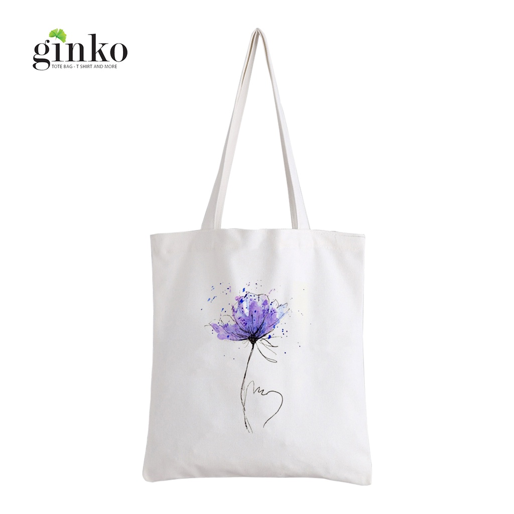 Túi Vải Tote GINKO Kiểu Basic dây kéo In Hình hoa tím G44