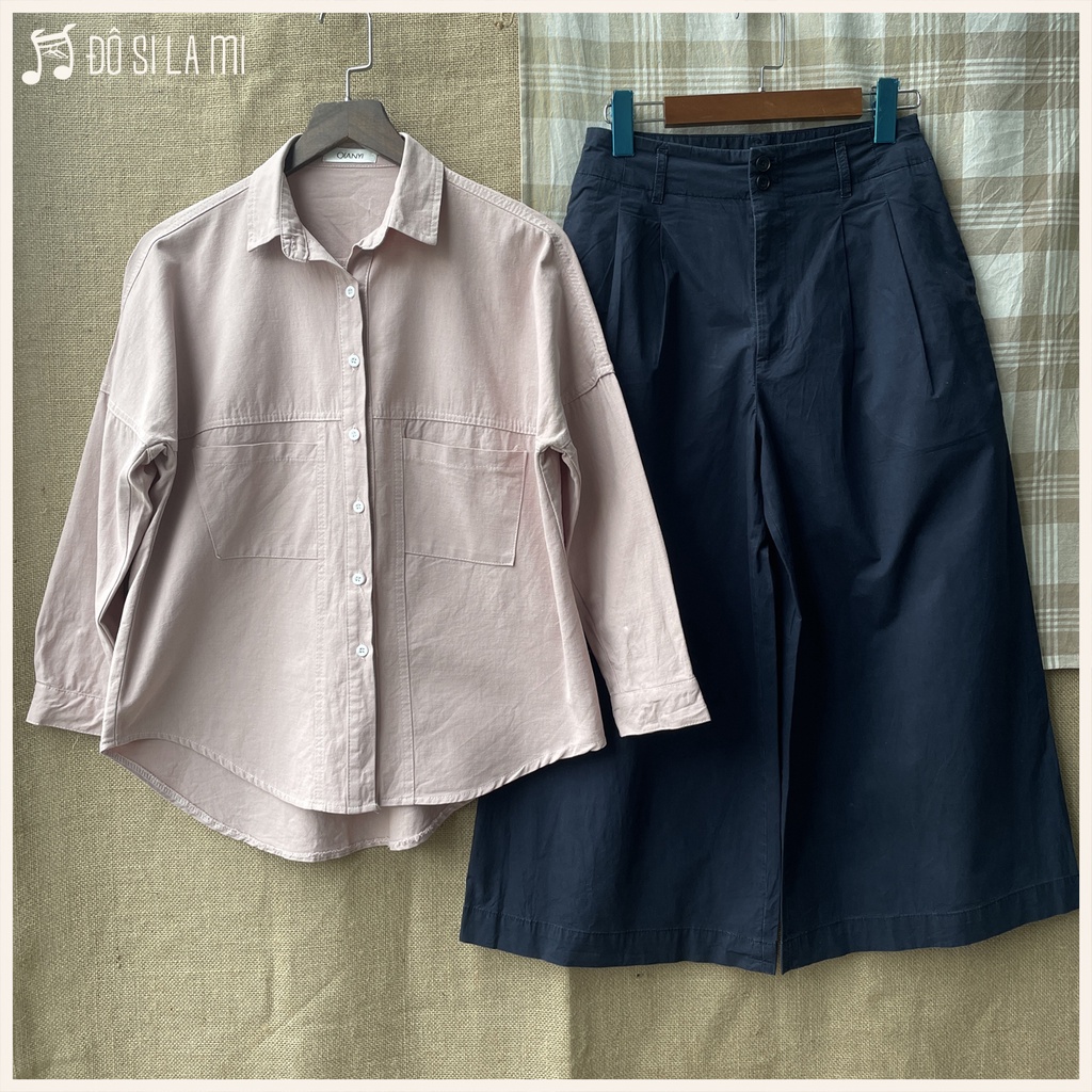 Combo Áo Sơ Mi Hồng + Quần Culottes Kaki Xanh Navy | Secondhand | Đô Si La Mi | A95 |