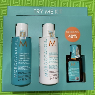 Combo Try Me Kit dầu gội xả suôn mượt Moroccanoil Smooth 70mlx2 và tinh dầu Treatment 15ml ( New 2021 )