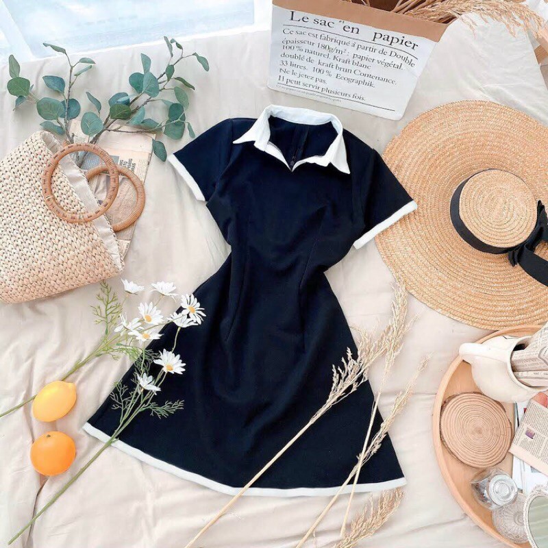 Đầm polo đen viền cổ trắng 🖤