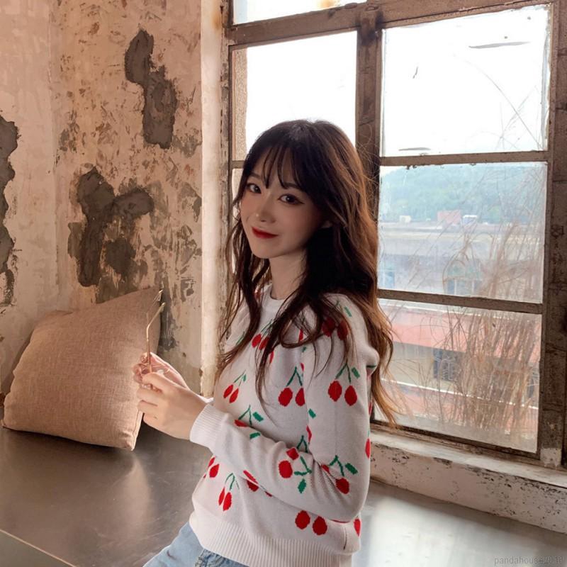 Women Autumn Knit Wool Clothing Cartoon Cherry Print Slim Long Sleeved Round Collar Slim Bottom Knit Sweater | BigBuy360 - bigbuy360.vn