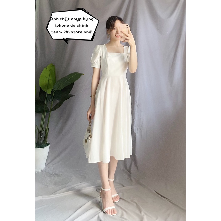 Đầm Nữ Tay Bồng Vintage - Váy Nữ Dáng Xòe Cổ Vuông Đáng Yêu kèm video ảnh thật, Vaycovuongcoc125