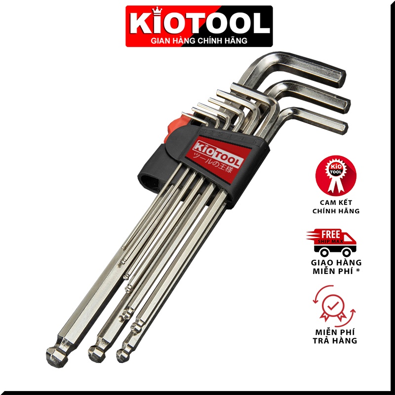 Bộ lục giác Kiotool 9 chi tiết đầu bi hệ Mét 1.5 -10 mm thép CRV cao cấp