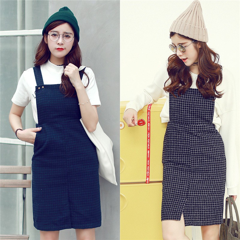 (đủ màu)Đầm yếm kẻ nữ thiết kế cá tính phong cách Korea 스타일입는 옷