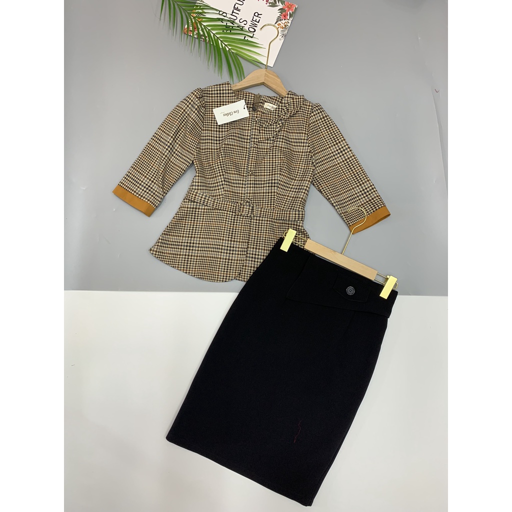 Set váy công sở nữ , Combo áo cổ tròn cúc bọc tay lỡ mix chân váy xếp ly chất liệu kate nhật cao cấp hiện đại | BigBuy360 - bigbuy360.vn