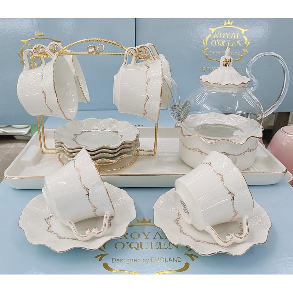 BỘ BÌNH TRÀ  KÈM KHAY VÀ LÓT TÁCH KÈM BẾP CHÂM TRÀ VIỀN VÀNG