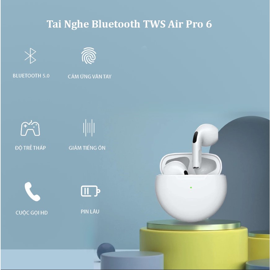 Tai Nghe Bluetooth TWS Air Pro 6, Tai Nghe Không Dây Stereo Pro 6 Tích Hợp Mic Chống Nước Chống Ồn Cảm Ứng Cao Cấp Free