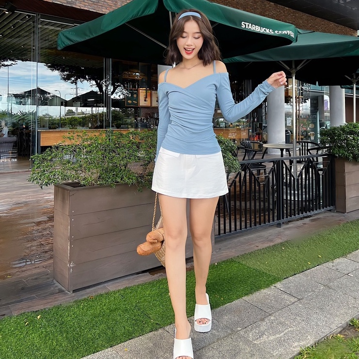 Áo trễ vai body dài tay cổ đắp TOPTIFY kiểu bẹt vai eo xếp ly Dahlia Top AC34
