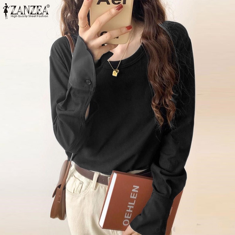 Áo thun ZANZEA tay dài cổ tròn phong cách Hàn Quốc sành điệu cho nữ