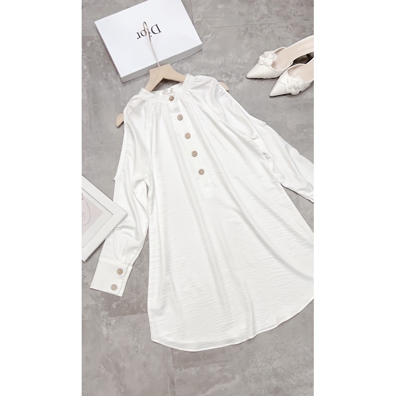 Đầm sơ mi suông lụa trắng hở vai tiểu thư dáng rộng thụng siêu xinh, Váy dự tiệc dáng xuông khoét vai hàng đẹp | BigBuy360 - bigbuy360.vn