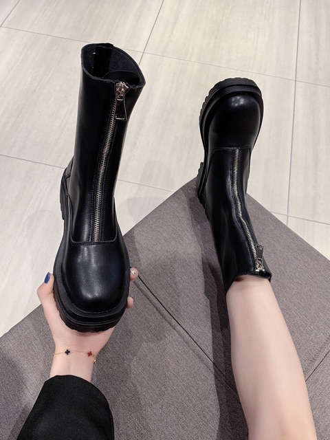 Giày bốt nữ cổ ngắn ulzzang khoá kéo trước da mềm đế cao 5cm