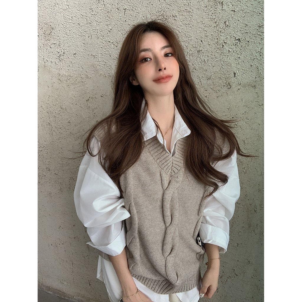 Áo sơ mi trắng dài tay / Áo khoác len không tay thời trang cho nữ | BigBuy360 - bigbuy360.vn