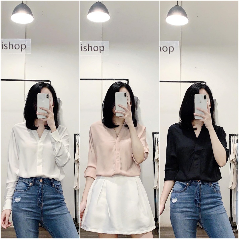Áo sơ mi voan cổ V xuất xịn màu trắng-hồng-đen - 69A04