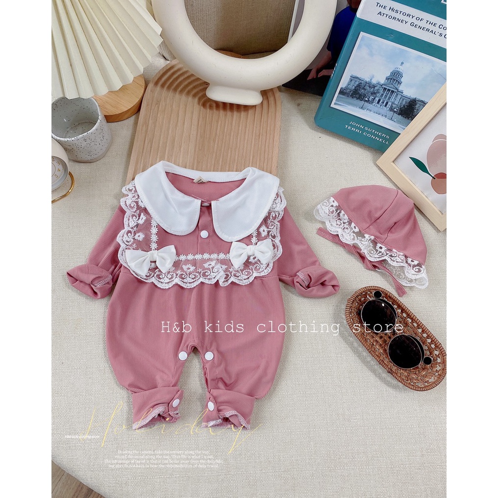 Body ren nơ kèm mũ xinh xắn bé gái