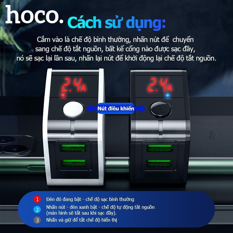 Cốc sạc nhanh 2 cổng Hoco HK5 max 2.4A, tùy chỉnh chế độ ngắt khi sạc đầy (Hàng chính hãng)