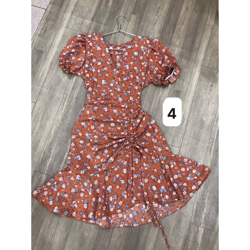 Đầm hoa tay ngắn cổ tim rút dây hông + Ảnh thật