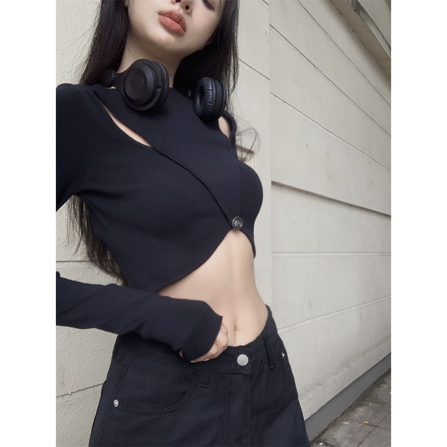 Áo dệt kim ZHELIHANGFEI tay dài hở eo phong cách trẻ trung thời trang quyến rũ cho nữ