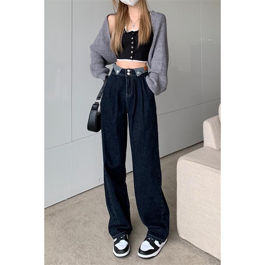 QKOOLE  Quần jean ống đứng lưng cao phong cách retro Hàn Quốc cho nữ