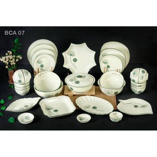 Bộ bát đĩa men kem, họa tiết hoa Bồ công anh vẽ thủ công. Gốm sứ Bát Tràng.