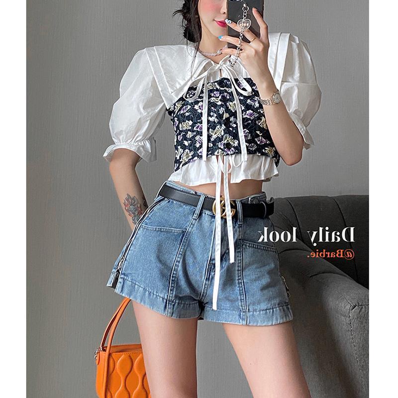 Áo Sơ Mi Tay Phồng Ngắn Cổ Búp Bê In Họa Tiết Hoa Phối Dây Cột Thời Trang Mùa Hè Kiểu Pháp Cho Nữ