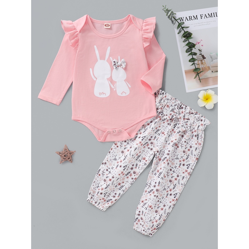 Bộ 2 món Áo liền quần MIKRDOO dài tay hình thỏ và Quần hoa cotton dài dễ thương cho bé gái tập đi