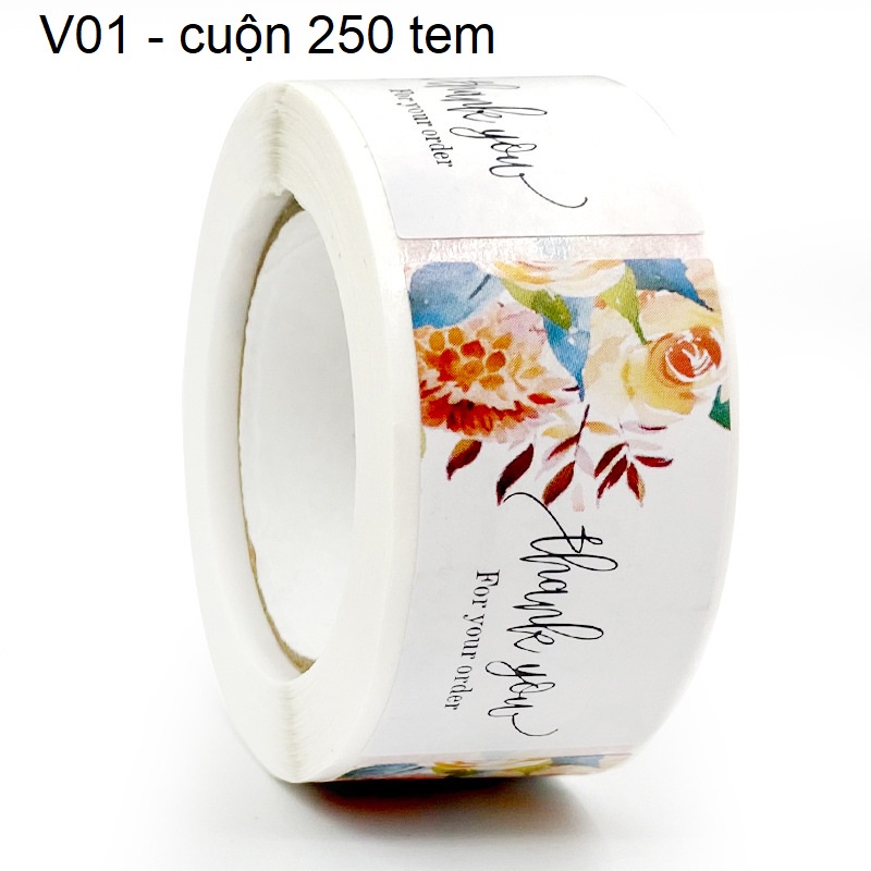 Tem Sticker Thank you in màu tự dính - Tem cảm ơn in hoa hình  kiểu tem dài hình chữ nhật