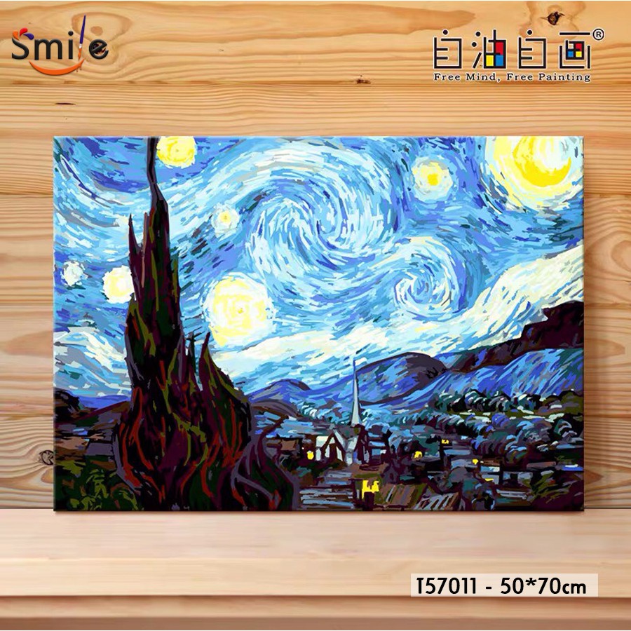 Tranh số hóa cao cấp tự tô màu theo số Smile cho người lớn Van Gogh Bầu trời sao The Starry night T57011