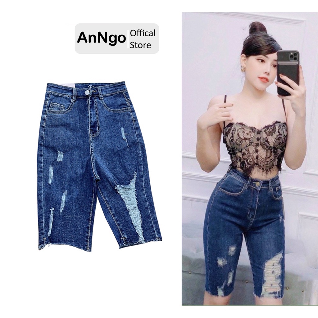 Quần jean ngố nữ co giãn rách gối cực phong cách, chất jean cotton mềm mại, bền màu AnNgo - AT184