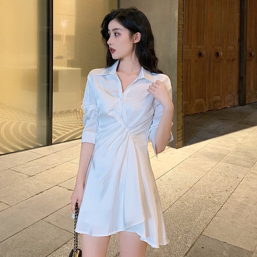 Xiaozhainv Đầm trắng chất Chiffon tay ngắn thiết kế hợp thời trang dành cho nữ | BigBuy360 - bigbuy360.vn