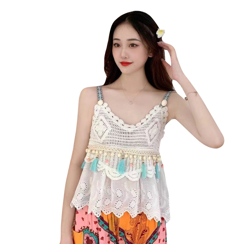 Brroa Áo hai dây Cổ Chữ V Không Tay Dáng Rộng Móc Tua Rua Đính Bóng Lông Thời Trang Cho Nữ T