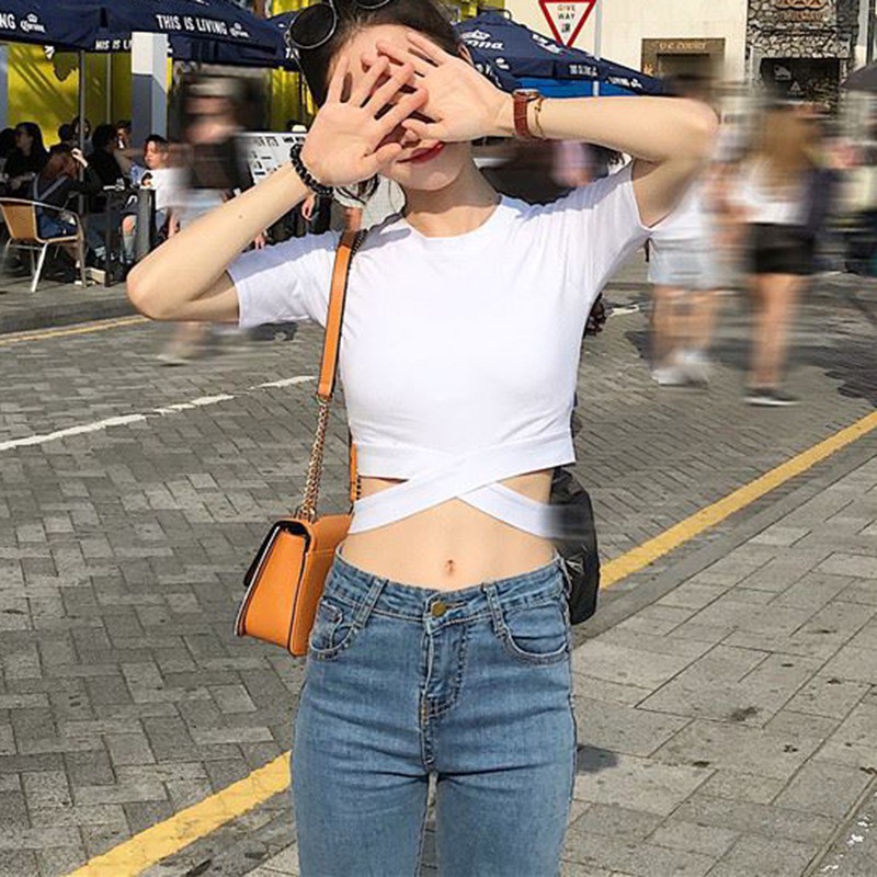 Áo croptop tay ngắn màu trơn thiết kế độc đáo thời trang quyến rũ cho nữ