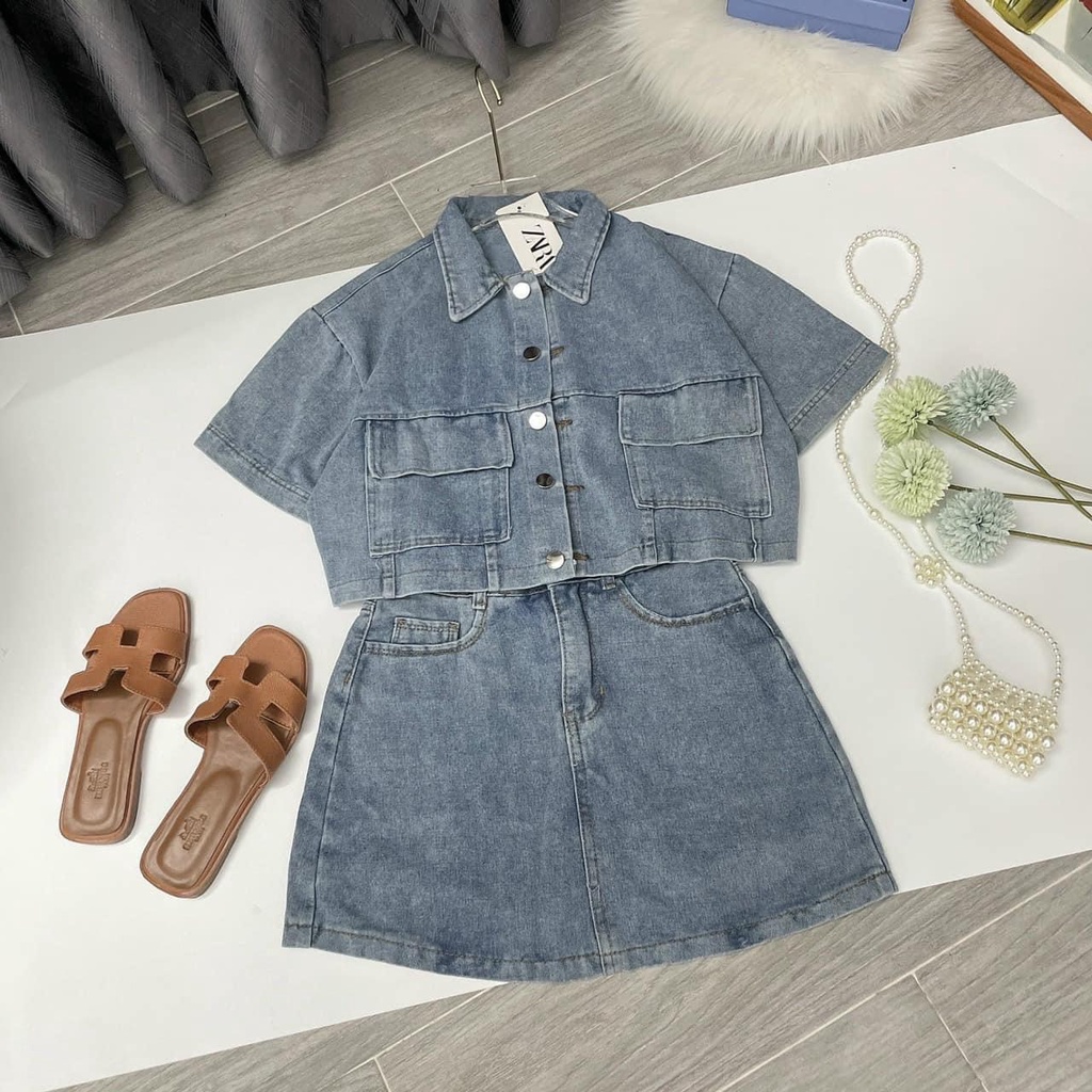 Sét áo jean croptop kèm chân váy jean kiểu dáng chữ A kiểu phong cách hàn quốc