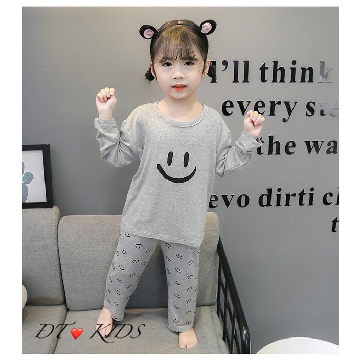 Bộ Đồ Dài Tay, Bộ Mặc Nhà Bé Trai, Bé Gái Hoạ Tiết Mặt Cười, Chất Thun Lạnh Mỏng, Bộ Quần Áo Mặc Thu Đông Cho Bé AN.KID