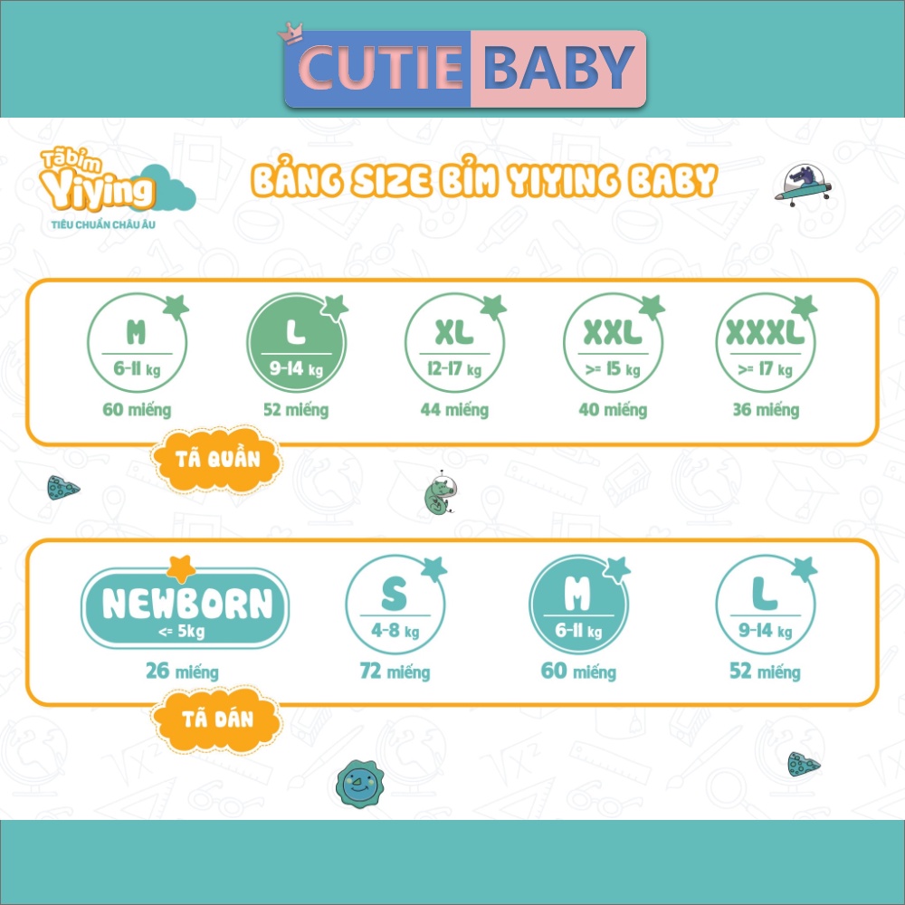 Bỉm Tã Yiying Bông, Tên lửa dán/quần Nội Địa Trung S72/M60/L52/XL44/XXL40/XXXL36 Cho Bé, Trẻ Sơ Sinh - Cutiebaby